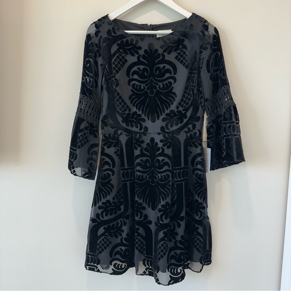 Eliza J black burnout velvet bell-sleeve fit flare cocktail dress Mini Formal - Picture 2 of 12